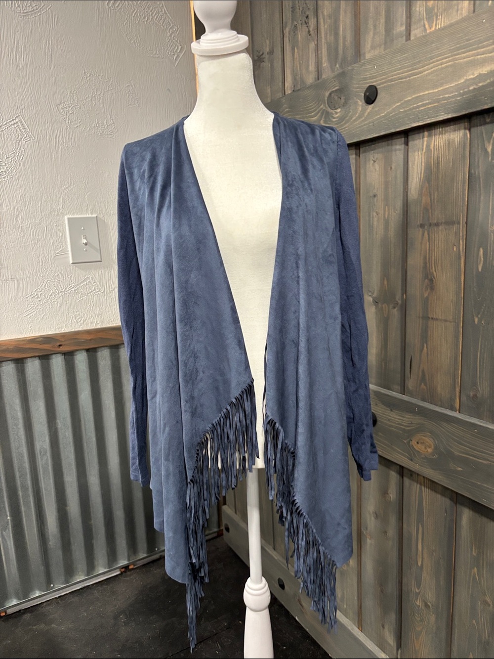 INC International Concepts Slate Blue Fringed Open-Front Cardigan